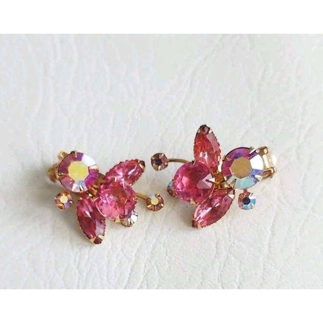 Beaujewels Sparkly Pink Naveta Clip Back Earrings Vintage